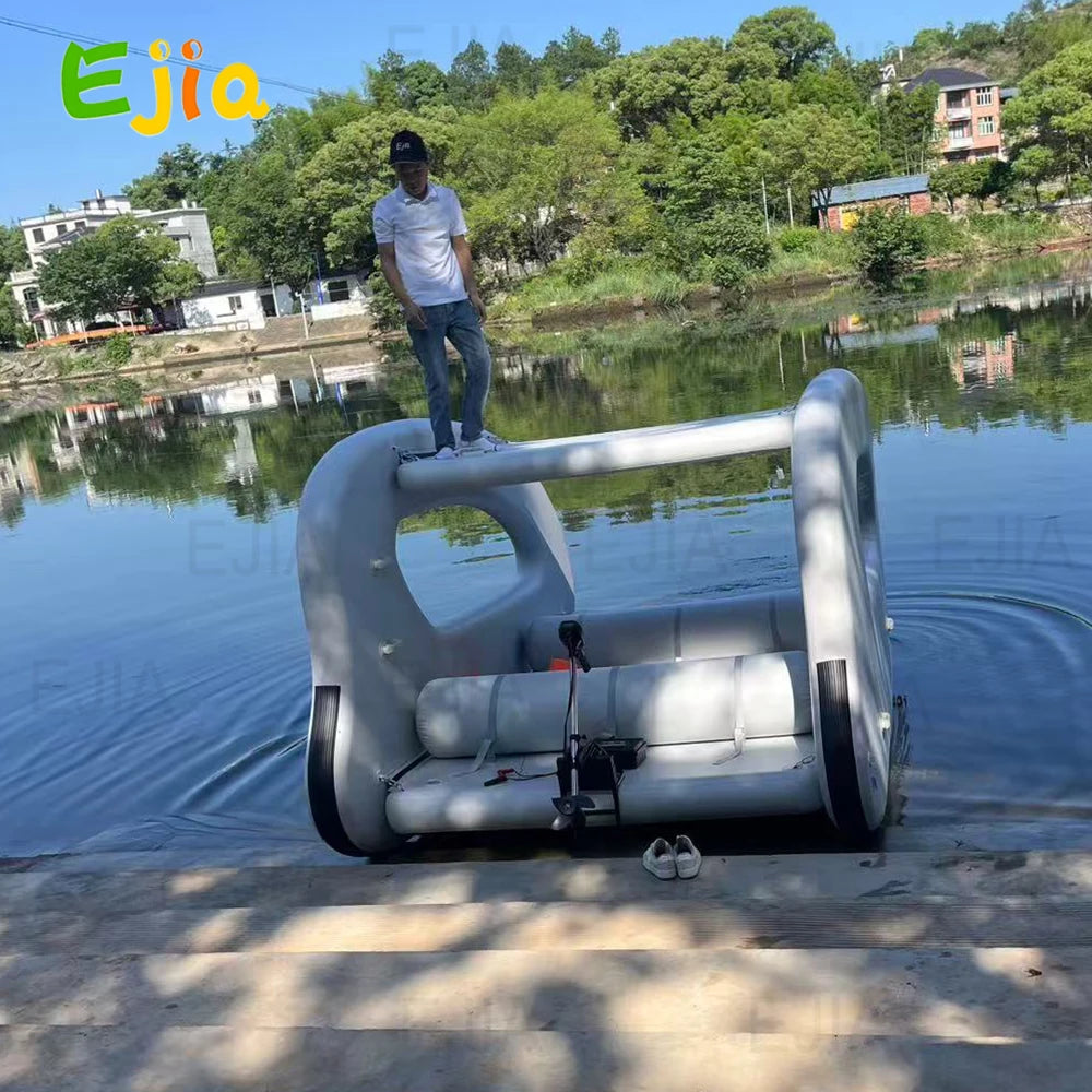 Stock Inflatable Catamaran Pontoon Boat Tubes with Steering & Fishing Rod Holder Electric House Boat For Ocean Lake Water Play