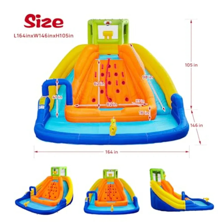 Inflatable Water Slide Bounce House with Water Bucket Deep Pool Climbing Wall with Rope Bouncy Castle with Air Blower