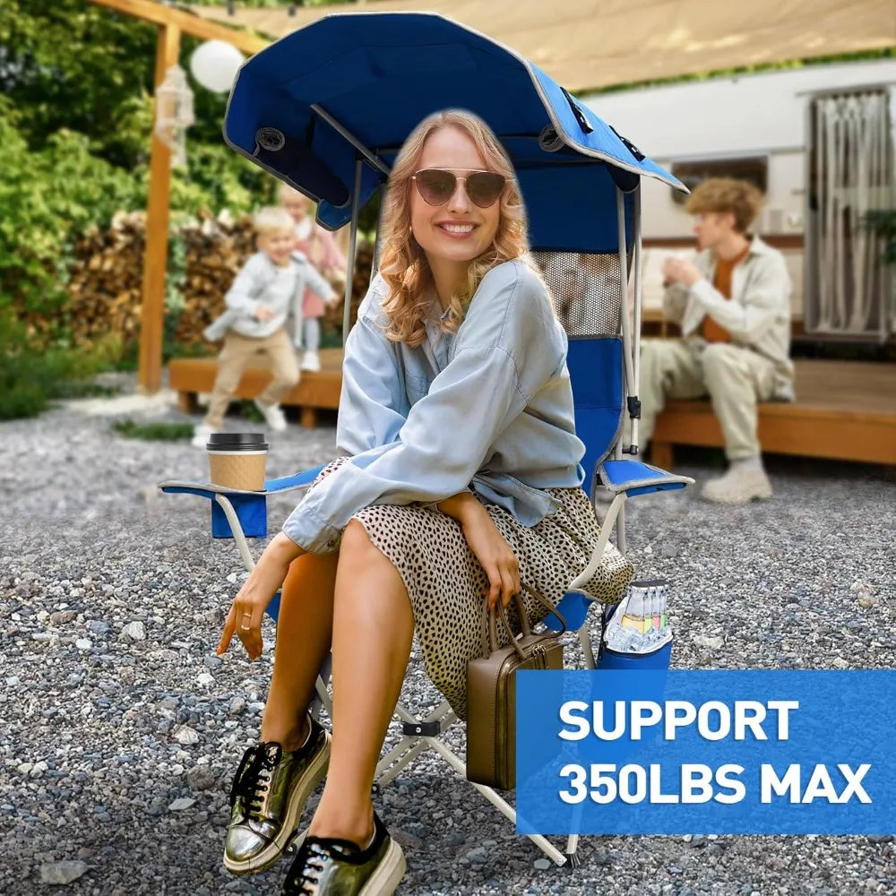 Camping chair with awning, cool bag for outdoor sports, sturdy steel frame, lawn with beach, fishing chair