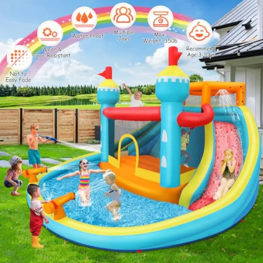 Inflatable Water Slide Bounce House 14.1x13.8x7.5FT Double Lane Mega Waterpark w Large Climbing Wall 2 Water Cannon and Giant S