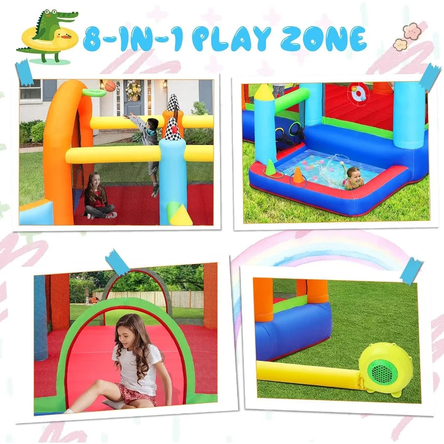 Inflatable Jumper Bounce House with Splash Pool & Beach Volleyball - Perfect Outdoor Fun for Kids! (Color)