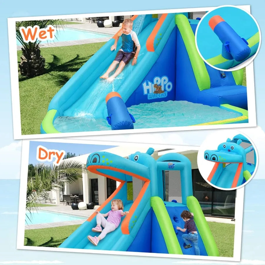 Inflatable Water Slide, Hippo Water Slide Park Jump Castle Bounce House w/Long Slide, Climbing, Water Cannon, Splash Pool, Backy