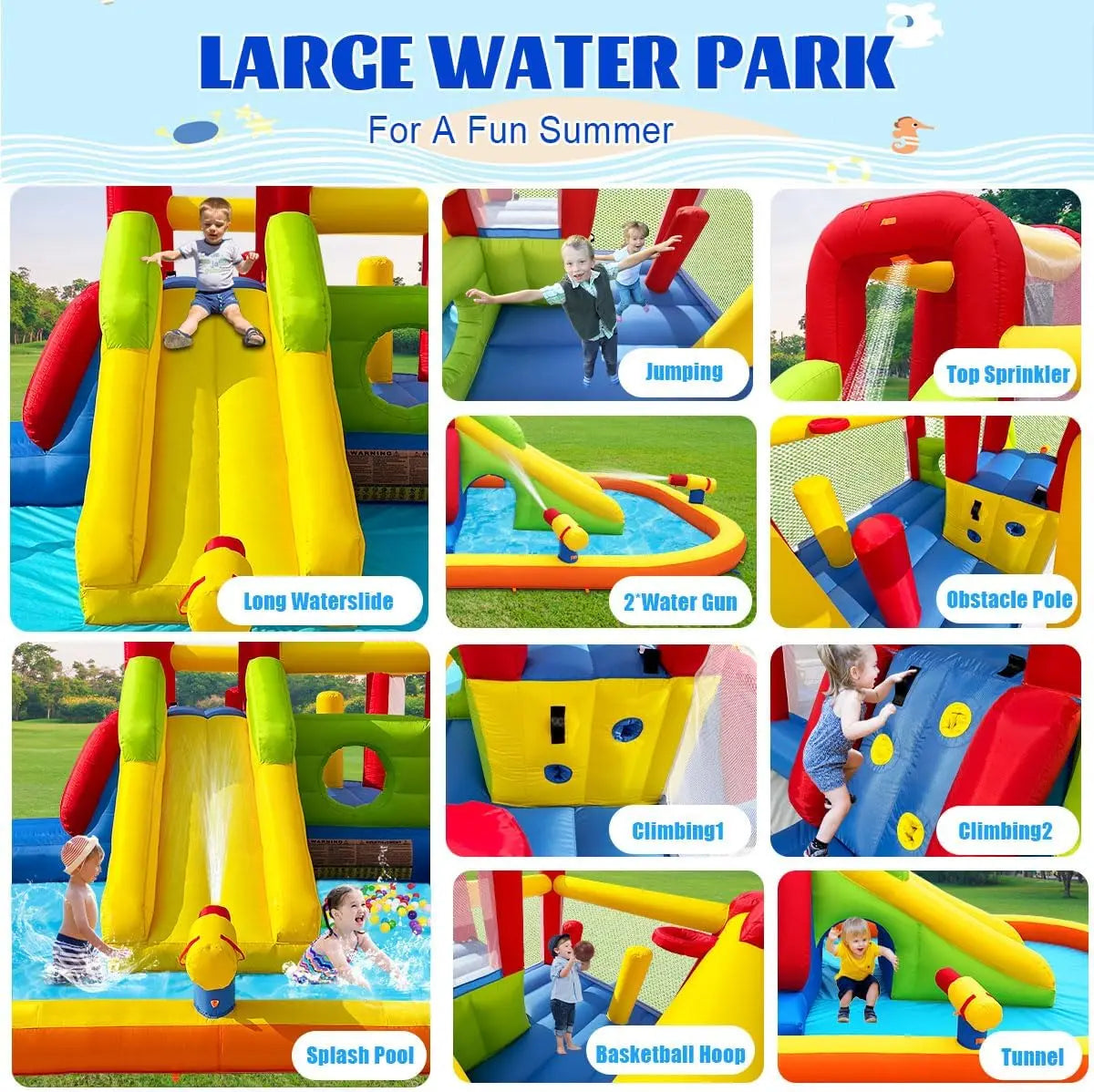 Bounce House Inflatable Water Slide for Kids, Water Park With Splash Pool, Double Cannon, 2 Climbing Walls, Obstacles, Blow Up J