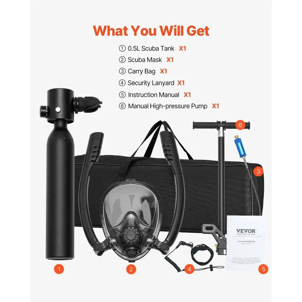 0.5L SCUBA TANK for DIVING and SNORKELING with REFILLABLE feature and Built-in PUMP up to 32.81FT