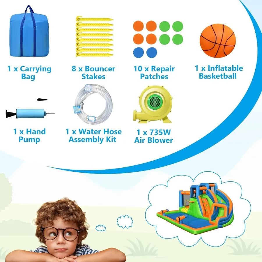 Inflatable Water Slide, Kids Water Park Jump Castle w/Large Splash Pool, 2 Climbing Walls & Cannons, Water Slides Inflatables fo