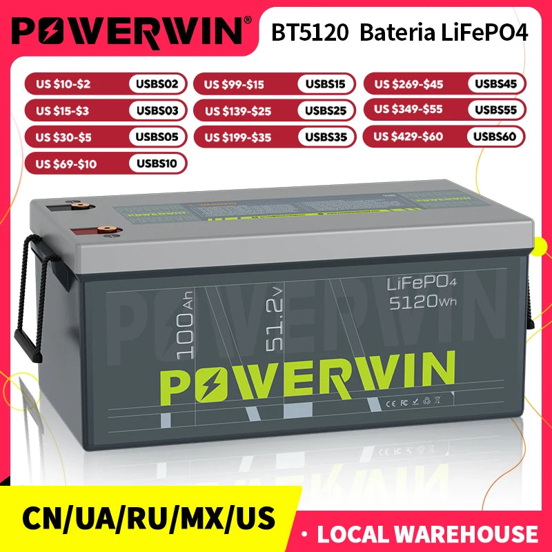 POWERWIN BT5120 LiFePO4  Built-in BMS Deep Cycles Solar Rechargeable Durable 51.2V 100Ah 5120Wh Solar Generator
