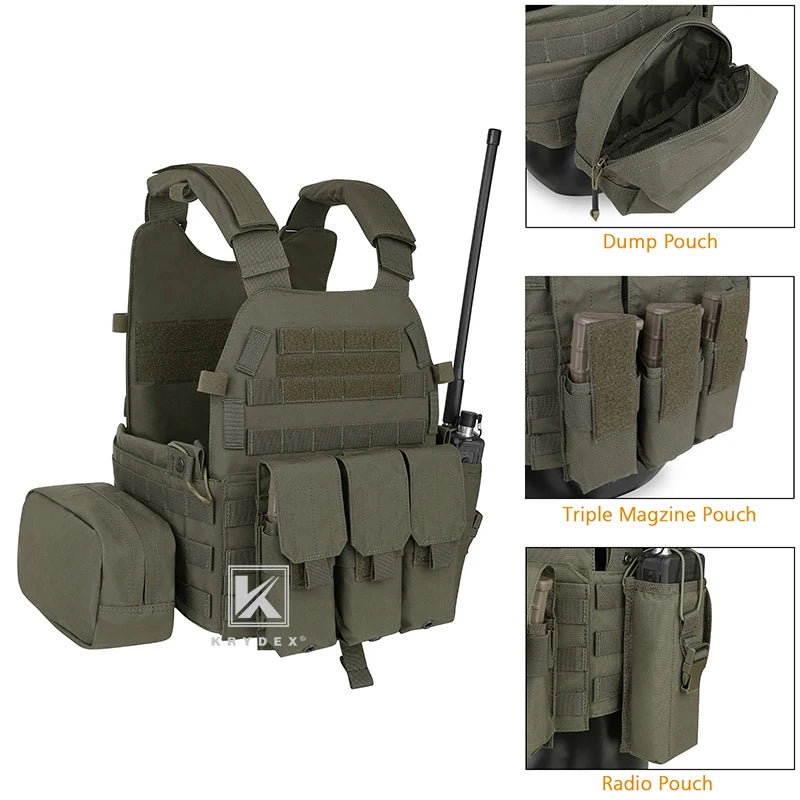 KRYDEX 500D Tactical Modular Vest W/ Triple Magazine Radio Dump Pouch For Airsoft Hunting Combat MOLLE Plate Carrier 6094 Vest