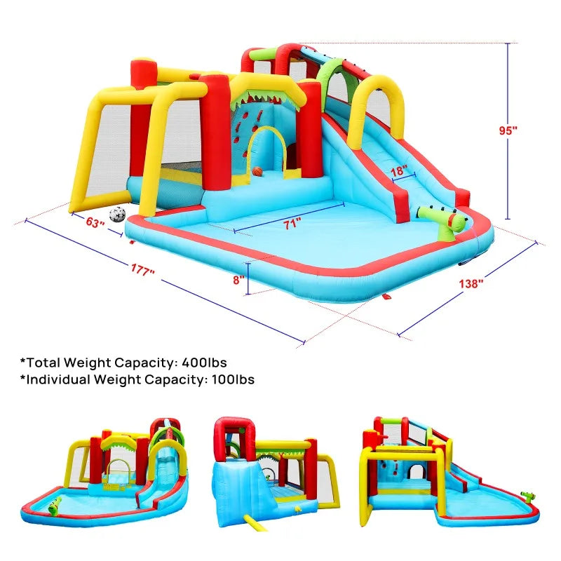 7 in1 Inflatable slide water park bouncing house outdoor Soccer garden bouncer with Splash pool & Water gun & Climbing wall