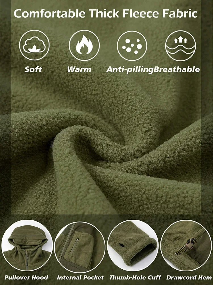 Men's Hunting Fleece Jacket Hiking Hunting Outdoor Fleece  Tactical Jacket Winter Warm Full Zip Military Hoodies Multi-Pockets