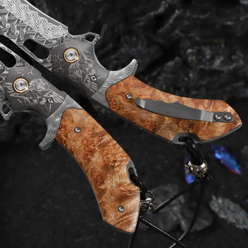 Handmade Japanese Damascus Steel Folding Pocket Knife with Sheath, Men's Pocket Knife, EDC Camping Hunting Knife, Hiking Trip