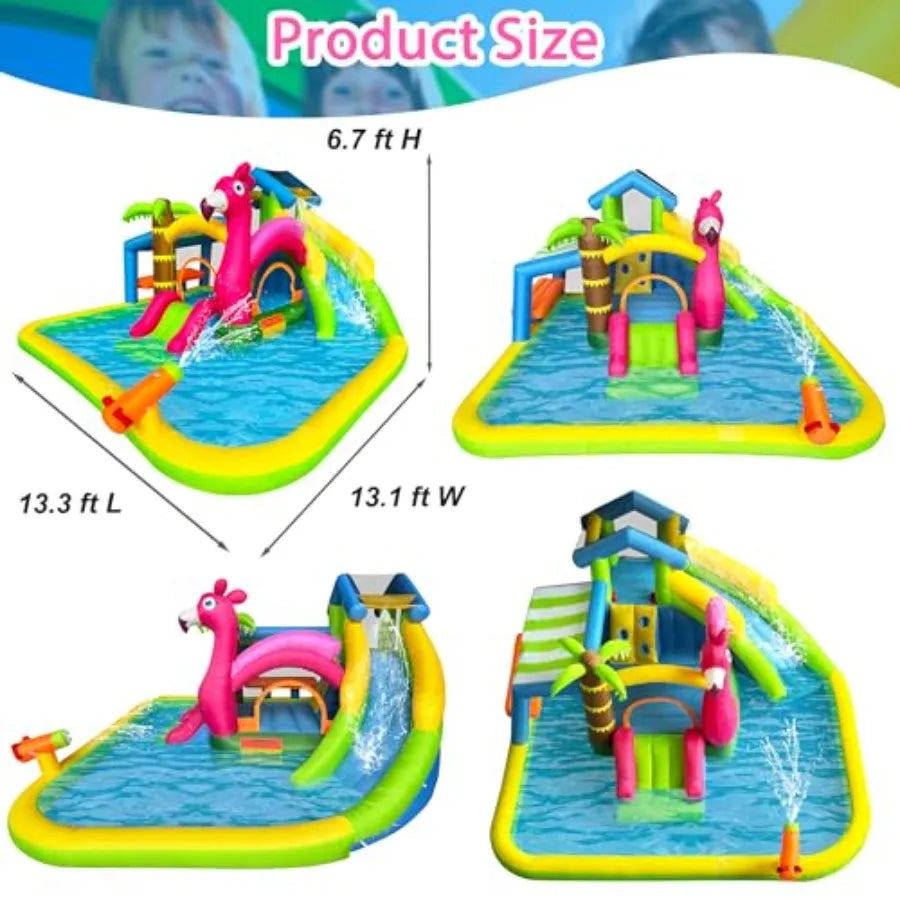 Inflatable Water Slide,Flamingo Water Park Bouncy Castle,9 in 1 Waterslides with Climbing Wall,Splash Pool,Toy Market Stand, Bou