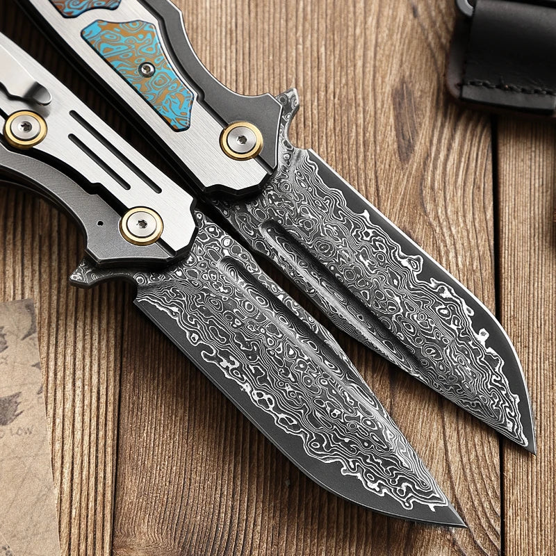 High-end Technology Damascus Steel Folding Pocket Knife with Sheath, EDC Outdoor Camping Pocket Knife, Adventure Tactical Knife