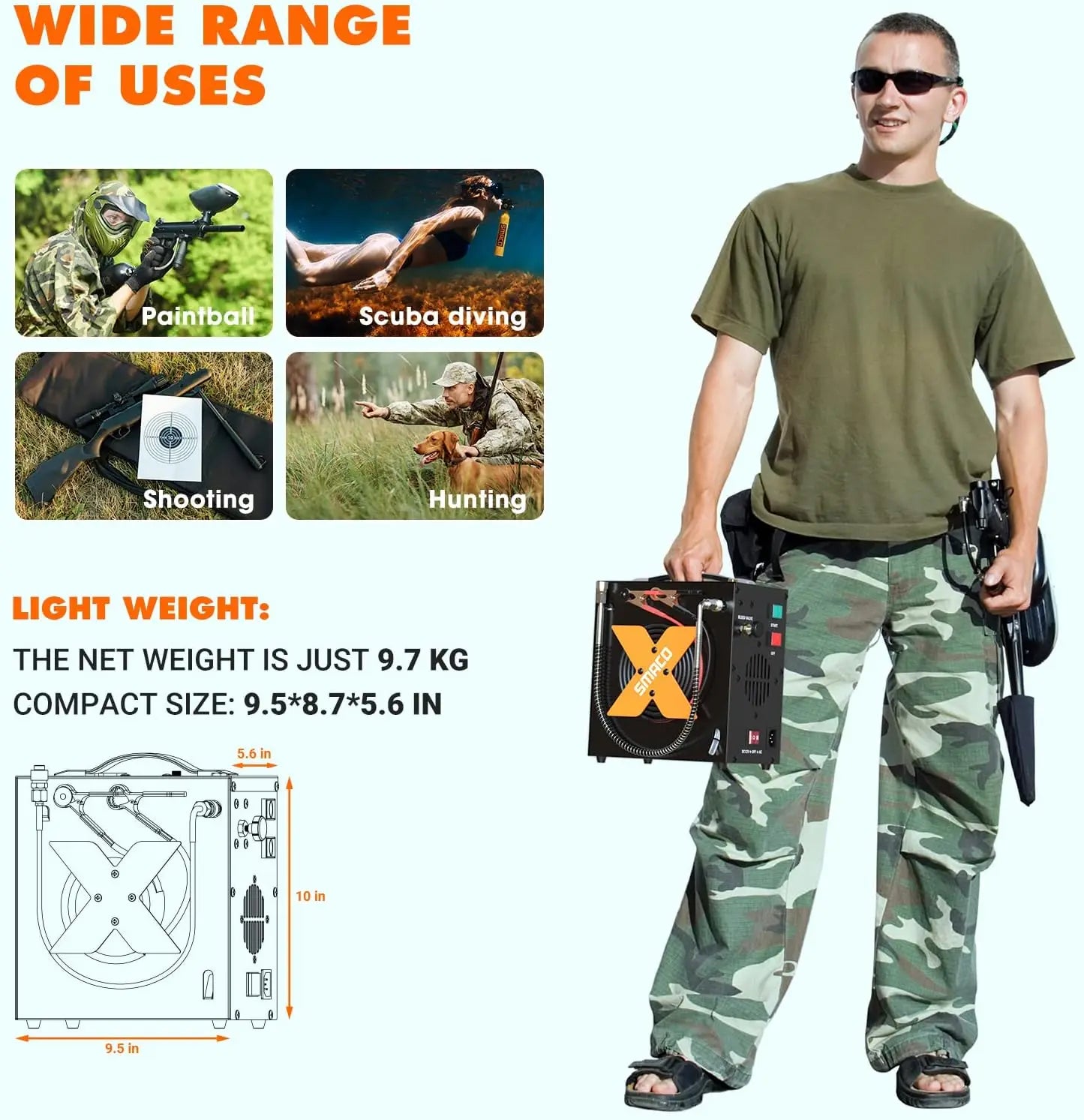 SMACO Portable PCP Air Compressor 4500Psi/30Mpa High Pressure Air Compressor for Paintball/Scuba Tank  HPA Pump Fill Station