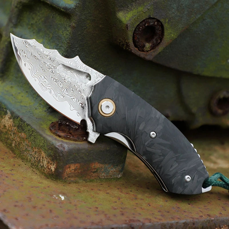 Canivete dobrável em aço de Damasco, canivete para homem e mulher, canivete de aventura para caça ao ar livre e acampamento