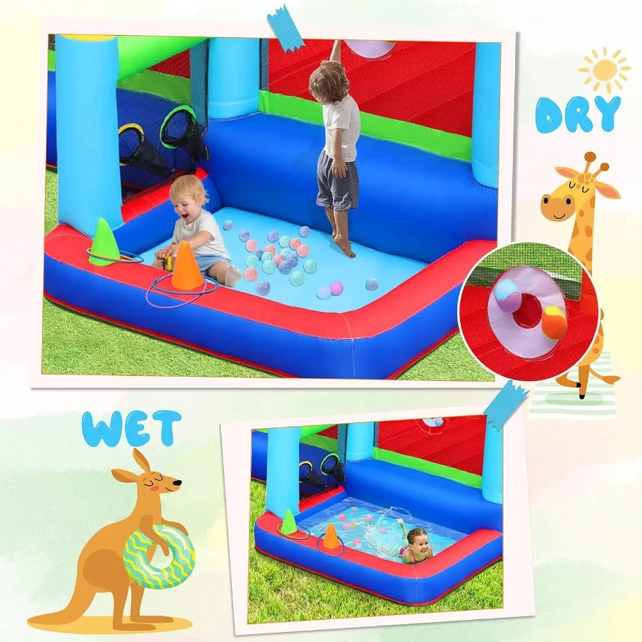 Inflatable Jumper Bounce House with Splash Pool & Beach Volleyball - Perfect Outdoor Fun for Kids! (Color)