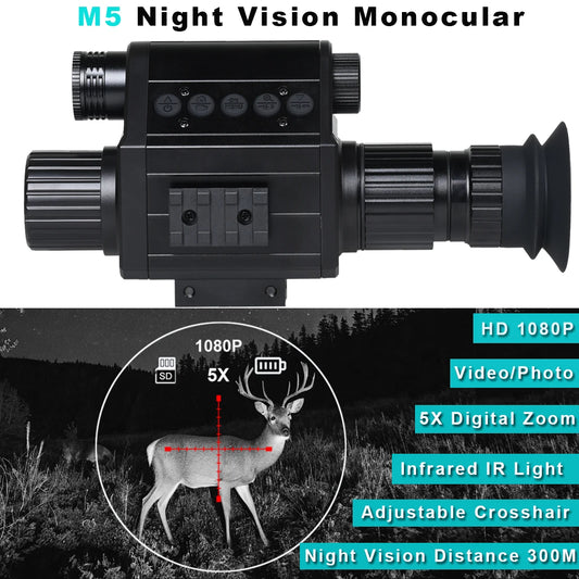 Digital Night Vision Riflescope 940nm IR Scope Sight Monocular 5X Zoom HD 1080P Video Photo 300m Night Vision for Hunting