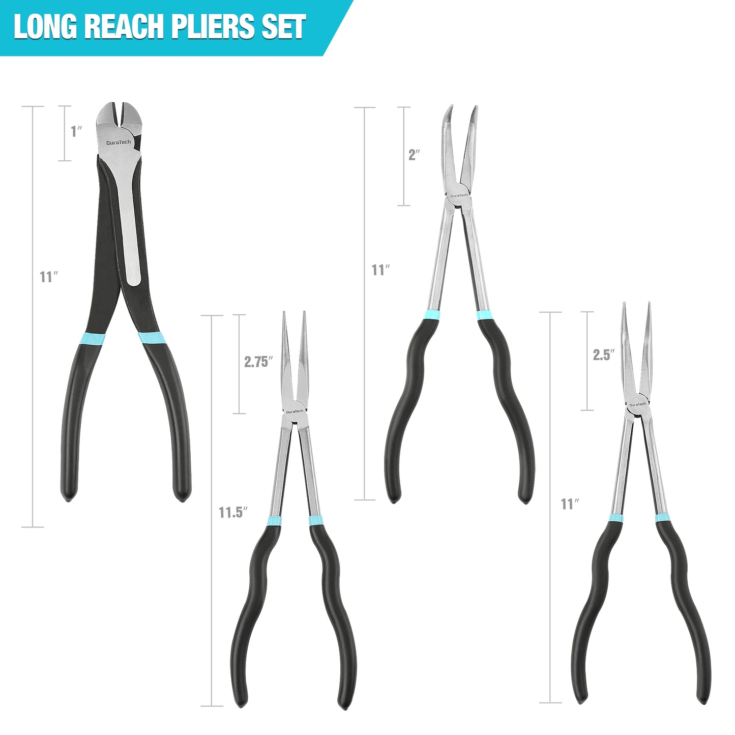 DURATECH 4 PCS Extra Long Needle Nose Pliers Set, Premium CRV Steel, 11" Long Reach Straight Pliers, 90° Bent Nose Pliers, 45°Be