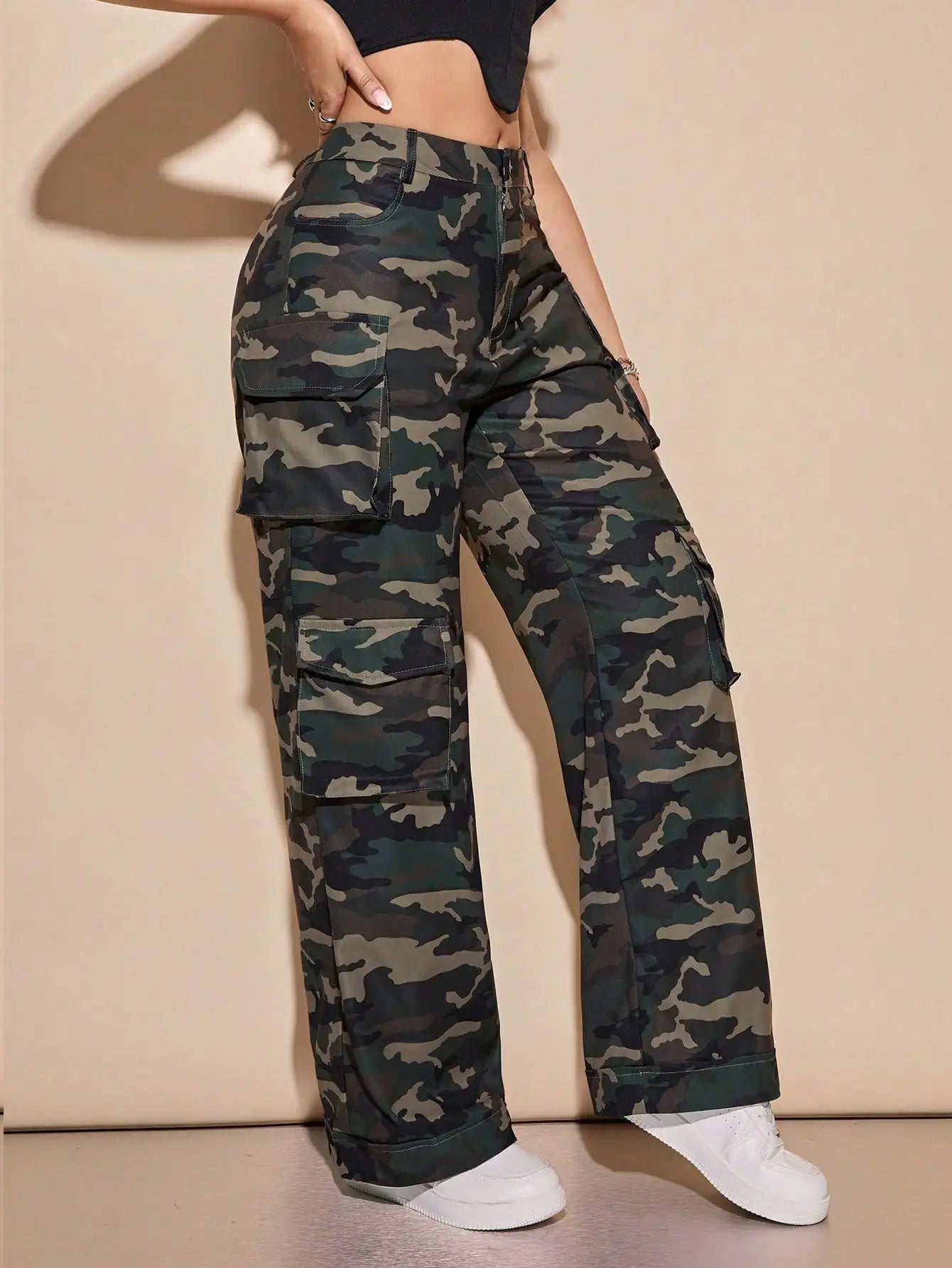 2025 Newest Camouflage Cargo Pants Women's High Waist Wide Leg Pants Loose Pants with Flat Pockets