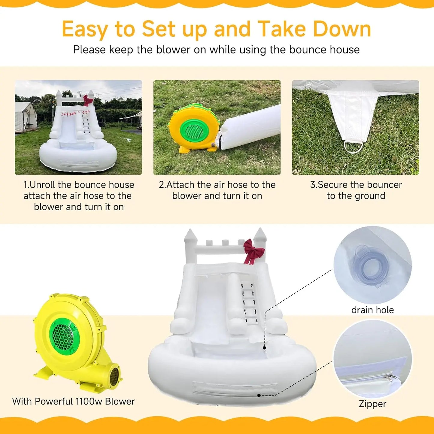 Commercial Grade White Inflatable Water Slide with Splash Pool Bouncy Castle for Adults and Kids Includes Blower Customization