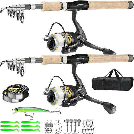 2PCS Carbon Fiber Fishing Pole Combo with 12+1 Shielded Bearings Stainless Steel BB Spinning Reels and Portable Fishing Carrier