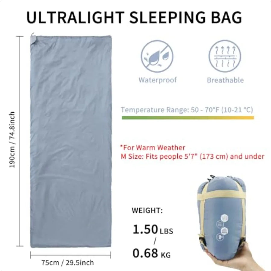 Ultralight Backpacking Sleeping Bag 5070F 1.5lbs Waterproof hine Washable 2Way Zipper for Teens Couples Women Men Compact for H