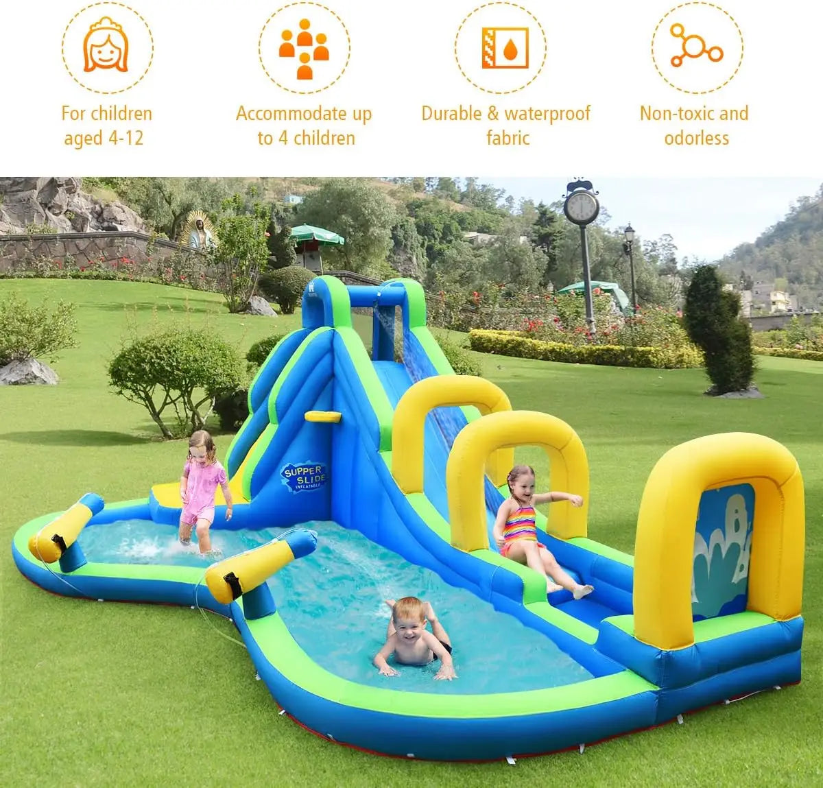 Inflatable Water Slide, Adventure Surfing Slide Kids Water Park Jump Castle with Climbing Wall, Dual Cannons, Backyard Party Out