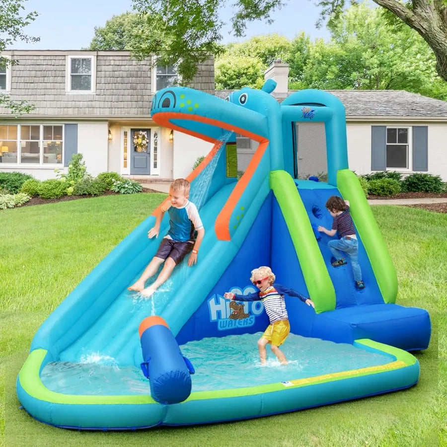 Inflatable Water Slide, Hippo Water Slide Park Jump Castle Bounce House w/Long Slide, Climbing, Water Cannon, Splash Pool, Backy