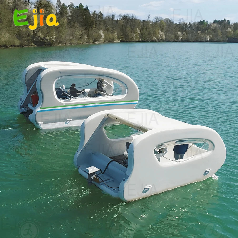 Stock Inflatable Catamaran Pontoon Boat Tubes with Steering & Fishing Rod Holder Electric House Boat For Ocean Lake Water Play