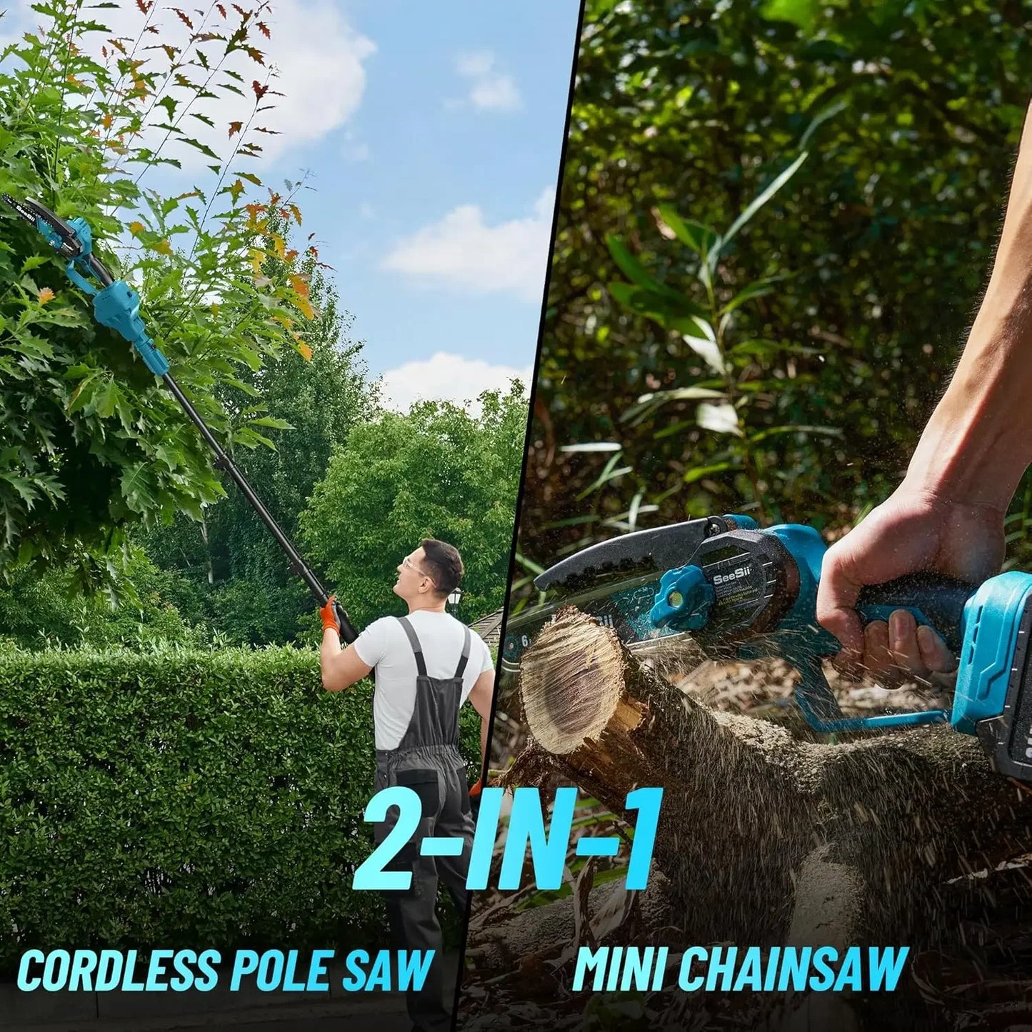 Seesii PS610 Cordless Pole Saw Mini Chainsaw 6-Inch Brushless  2-IN-1 Chain Saw 16-Foot MAX Reach Tree Saw for Wood Cutting