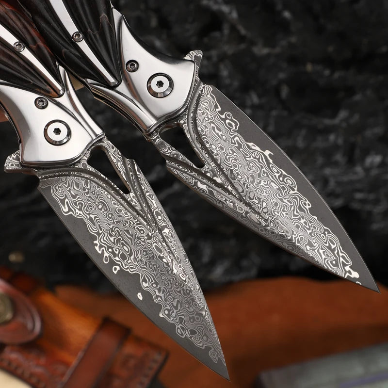 Canivete de aço de Damasco de alta qualidade, canivete EDC para homem, caça ao ar livre, canivete dobrável para campismo