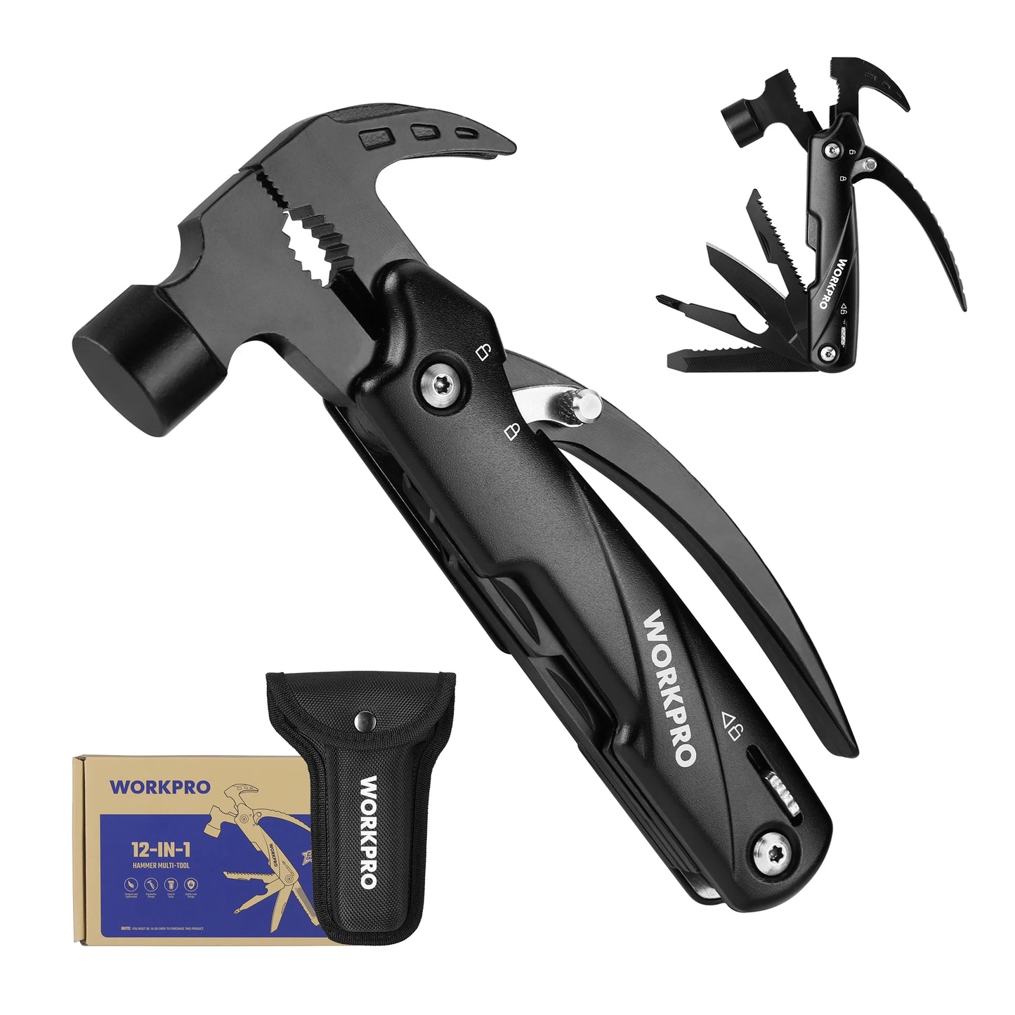 WORKPRO 12 in 1 Hammer Multitool Portable Stainless Steel Multitool Claw Hammer With Sheath for Outdoor Survival Camping Hunting