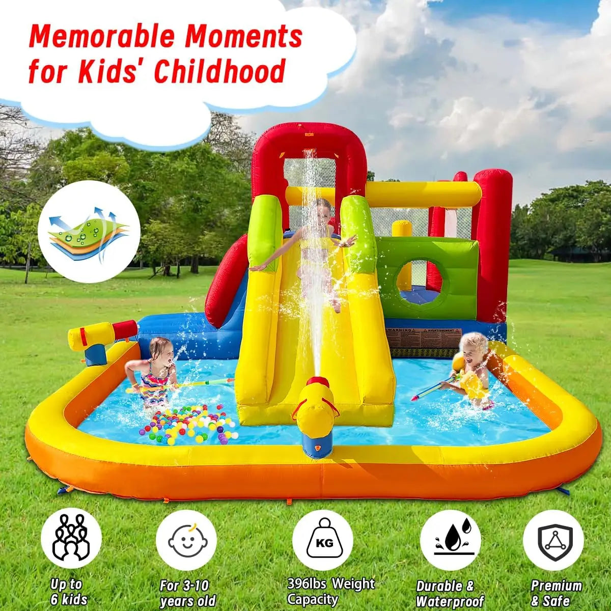 Bounce House Inflatable Water Slide for Kids, Water Park With Splash Pool, Double Cannon, 2 Climbing Walls, Obstacles, Blow Up J