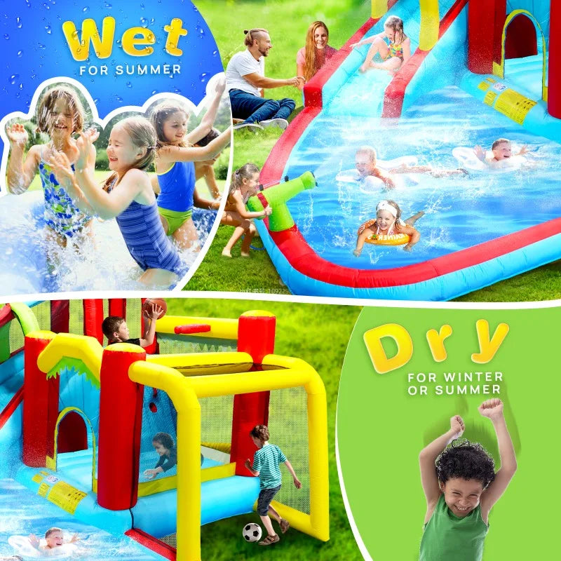 7 in1 Inflatable slide water park bouncing house outdoor Soccer garden bouncer with Splash pool & Water gun & Climbing wall