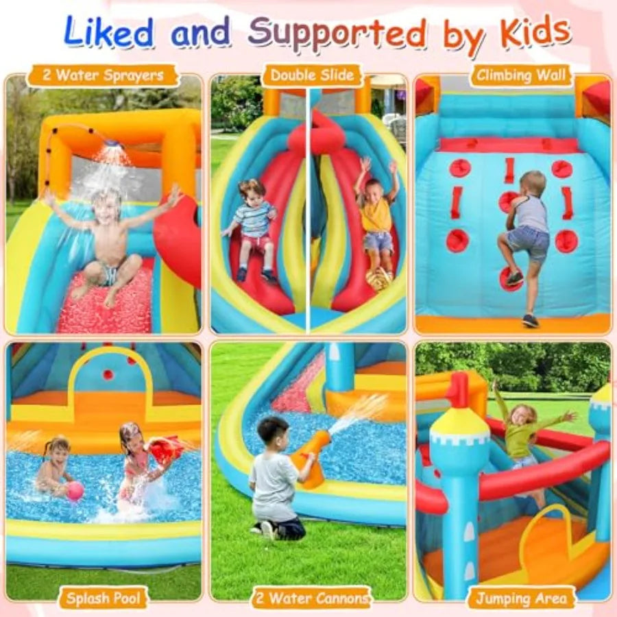 Inflatable Water Slide Bounce House 14.1x13.8x7.5FT Double Lane Mega Waterpark w Large Climbing Wall 2 Water Cannon and Giant S