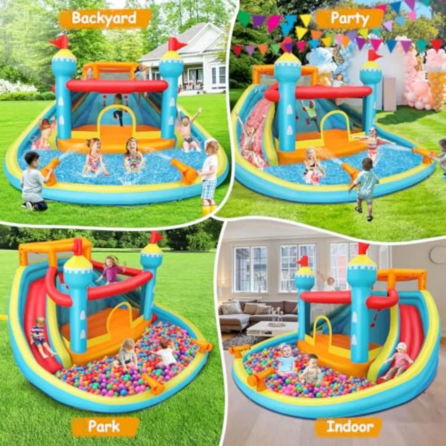 Inflatable Water Slide Bounce House 14.1x13.8x7.5FT Double Lane Mega Waterpark w Large Climbing Wall 2 Water Cannon and Giant S