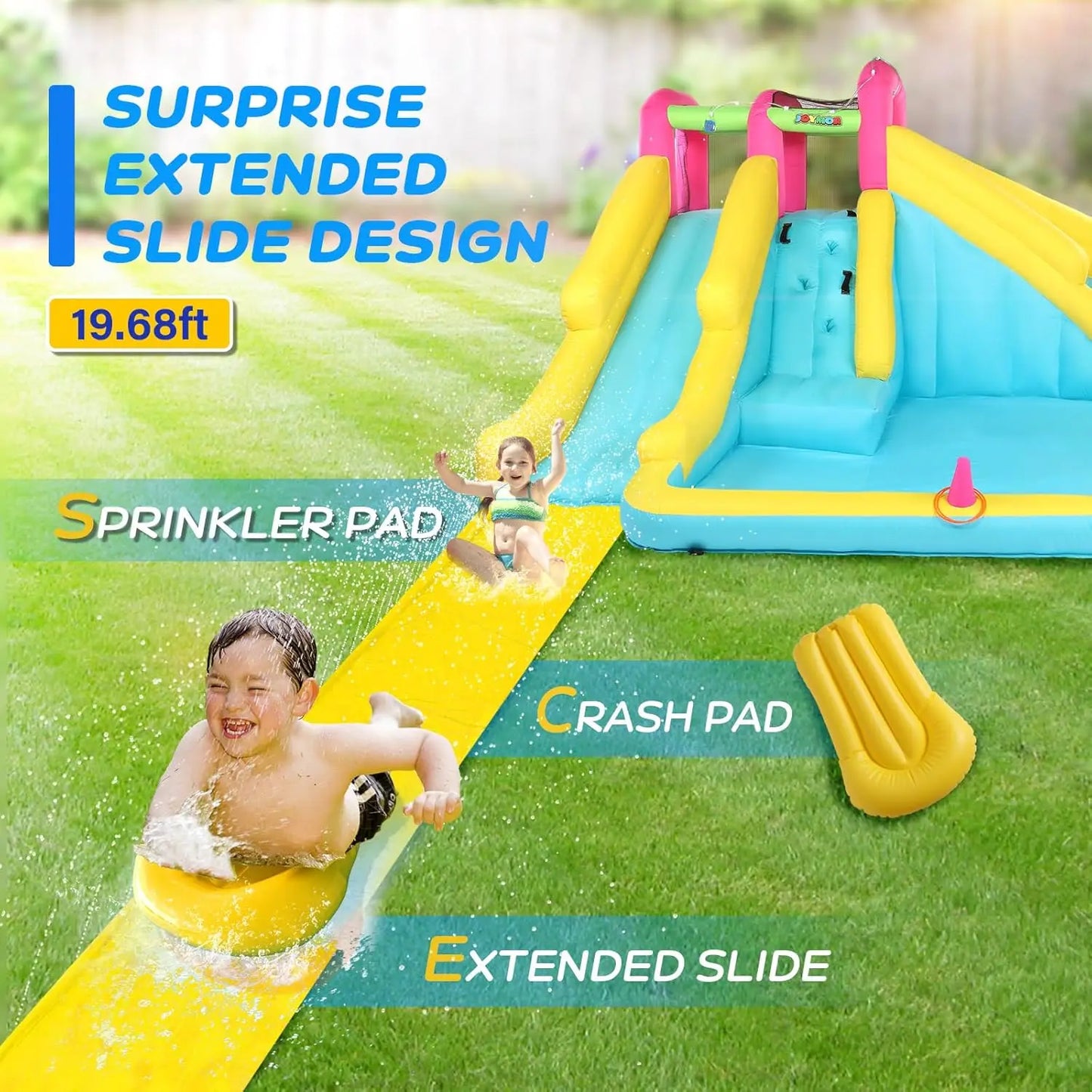 Inflatable Water Slide with 20FT Lawn Water Slide and Bodyboard, Water Slides for Kids Backyard w/Sprinkler and Pool, 1min Blow