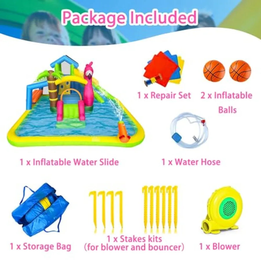 Inflatable Water Slide,Flamingo Water Park Bouncy Castle,9 in 1 Waterslides with Climbing Wall,Splash Pool,Toy Market Stand, Bou