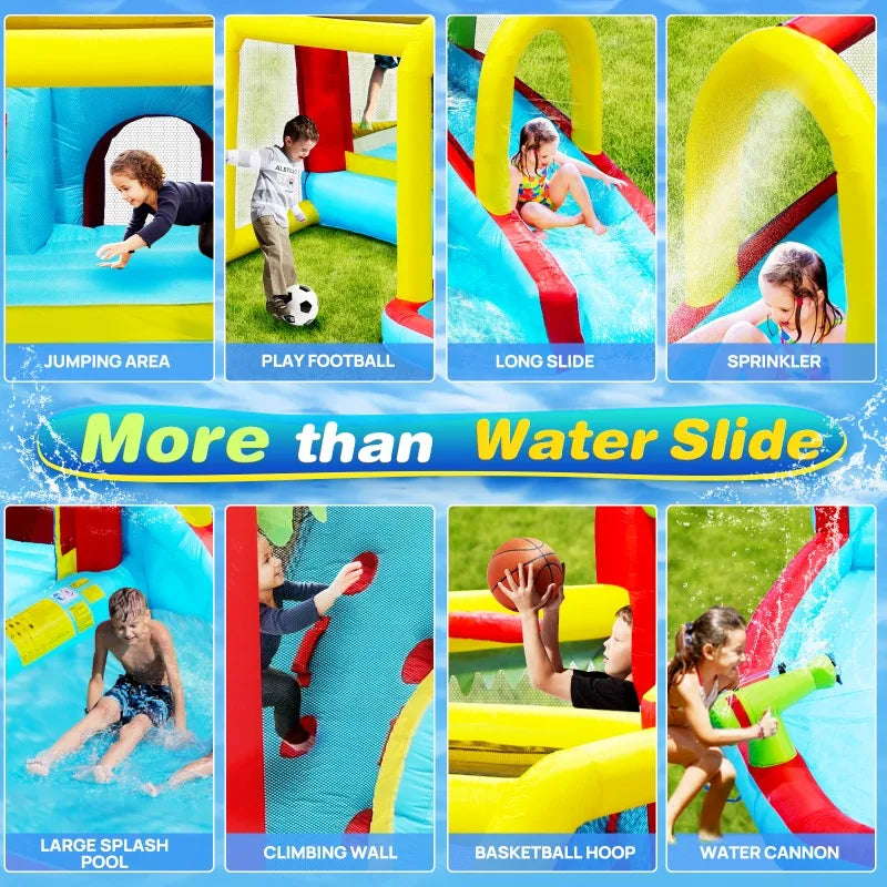 7 in1 Inflatable slide water park bouncing house outdoor Soccer garden bouncer with Splash pool & Water gun & Climbing wall
