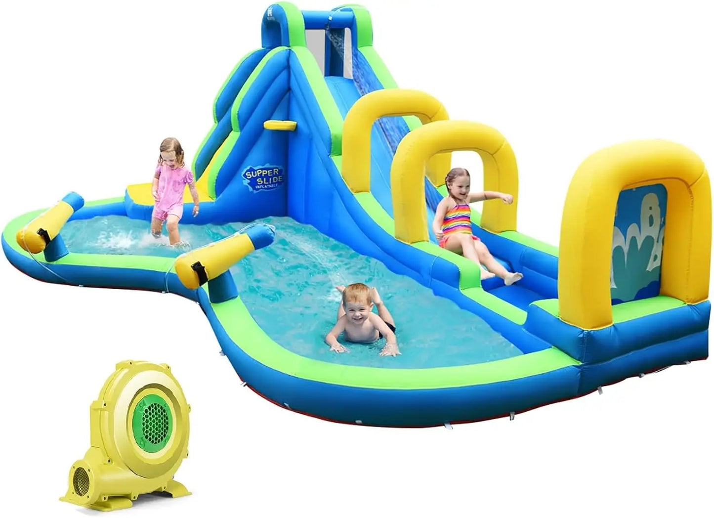 Inflatable Water Slide, Adventure Surfing Slide Kids Water Park Jump Castle with Climbing Wall, Dual Cannons, Backyard Party Out
