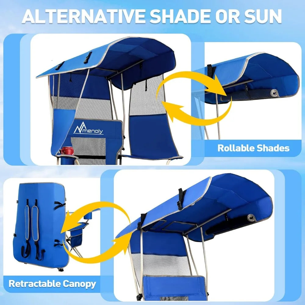 Camping chair with awning, cool bag for outdoor sports, sturdy steel frame, lawn with beach, fishing chair