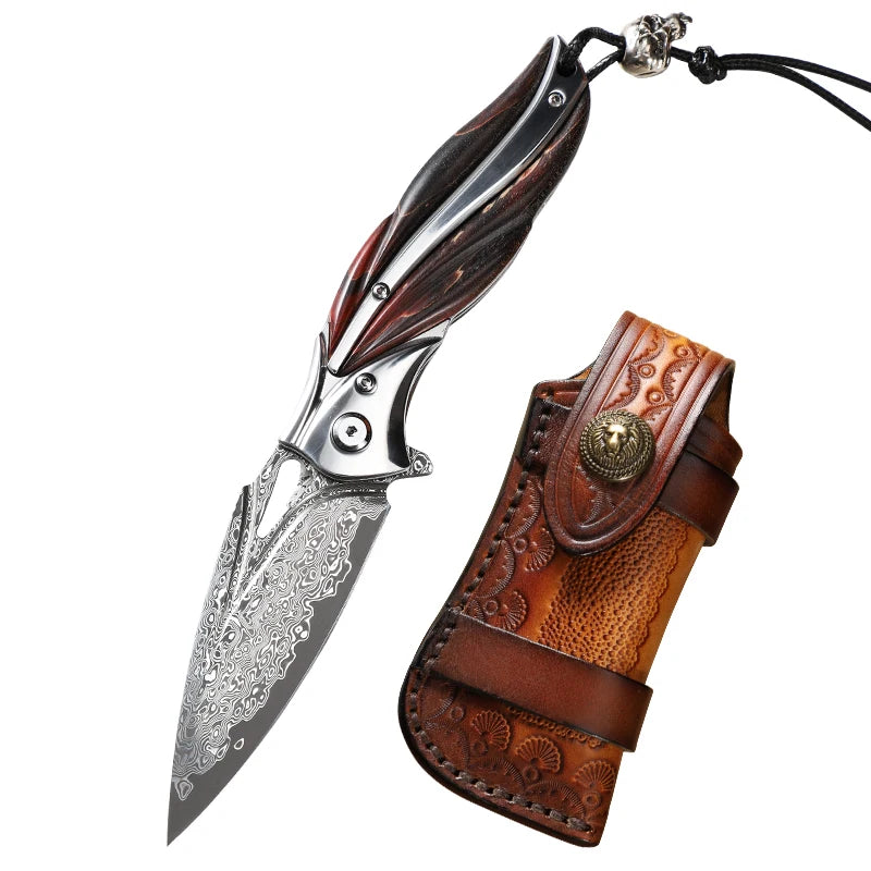 Canivete de aço de Damasco de alta qualidade, canivete EDC para homem, caça ao ar livre, canivete dobrável para campismo