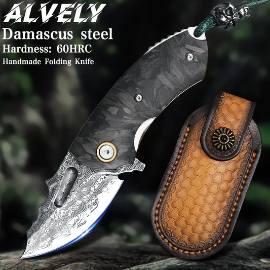 Canivete dobrável em aço de Damasco, canivete para homem e mulher, canivete de aventura para caça ao ar livre e acampamento