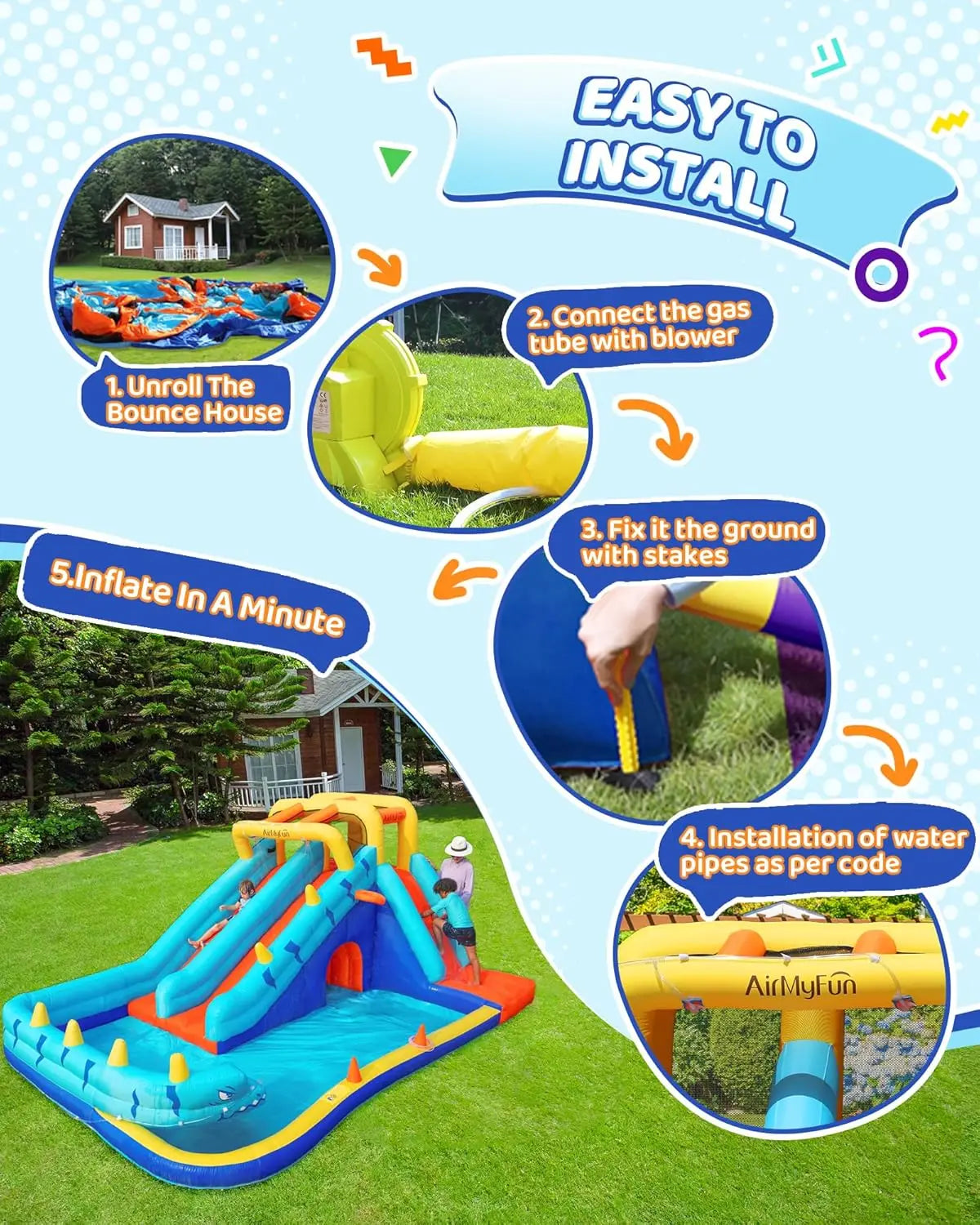 Inflatable Water Slide, Double Waterslide Park with Splash Pool & Ball Pit for Kids Air Blower, Kids Bounce House with Blower, E