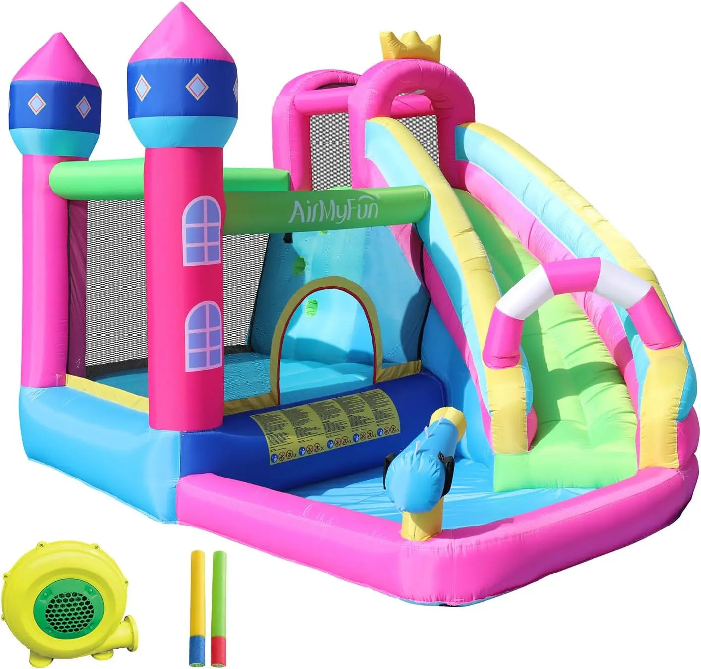 Inflatable Water Slide Pink Princess Bounce House for Big Kids 8-12 with Long Slide and Spray Water Gun for Kids Backyard Inflat
