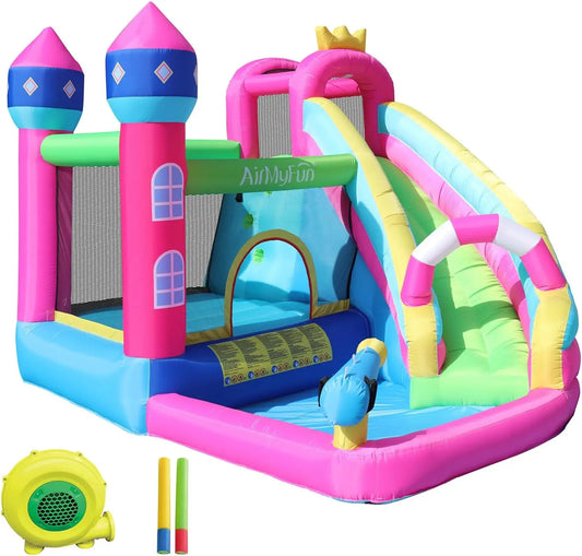 Inflatable Water Slide Pink Princess Bounce House for Big Kids 8-12 with Long Slide and Spray Water Gun for Kids Backyard Inflat