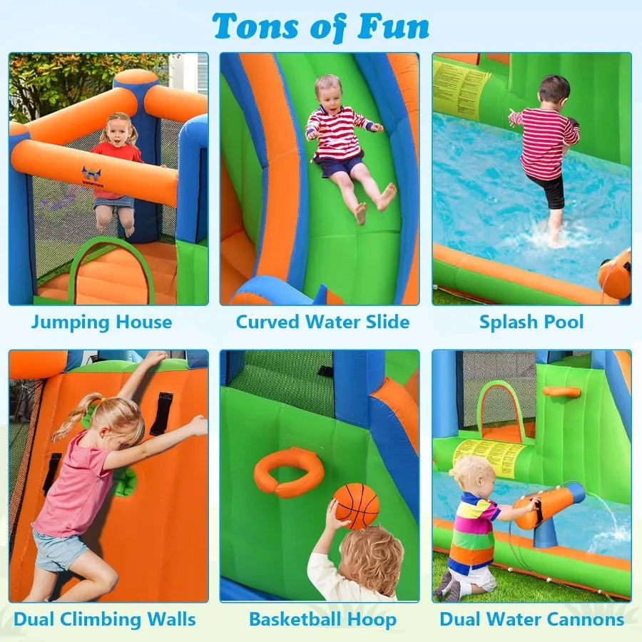 Inflatable Water Slide, Kids Water Park Jump Castle w/Large Splash Pool, 2 Climbing Walls & Cannons, Water Slides Inflatables fo