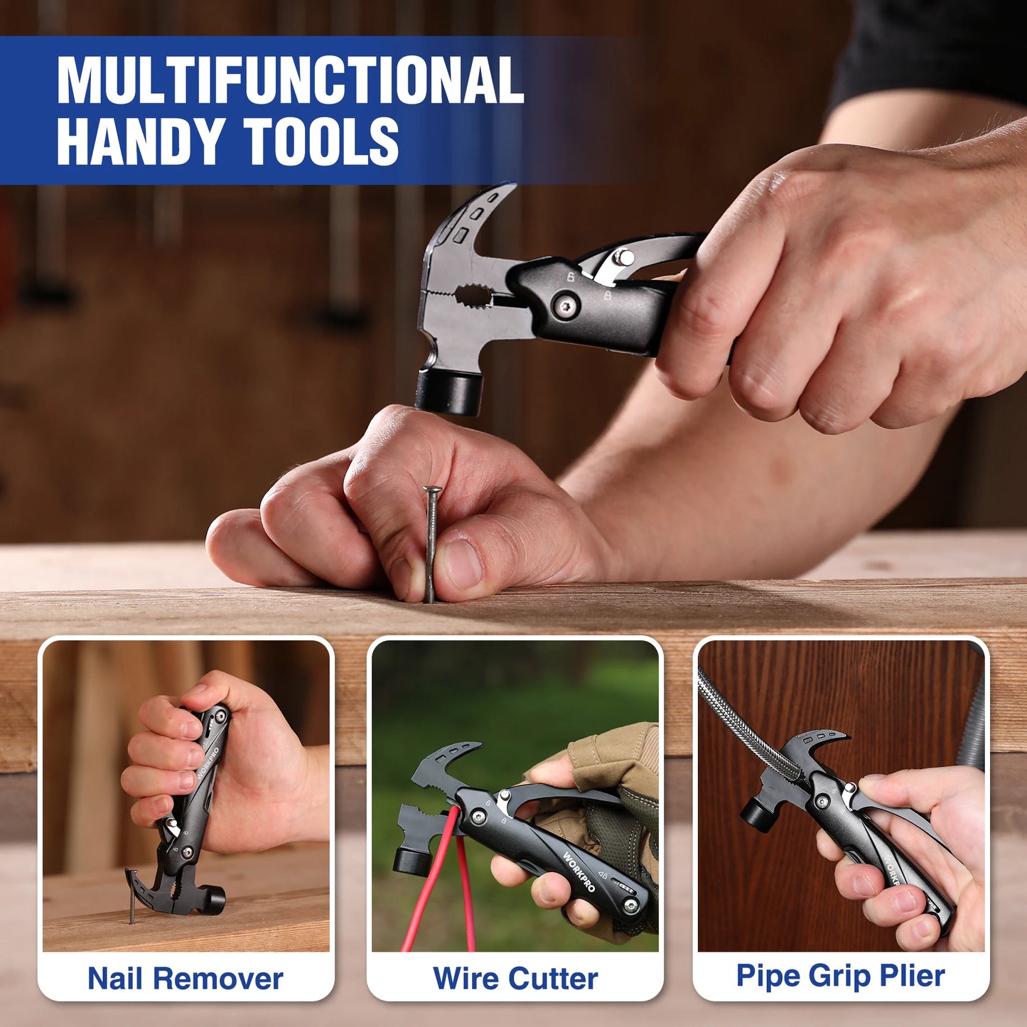 WORKPRO 12 in 1 Hammer Multitool Portable Stainless Steel Multitool Claw Hammer With Sheath for Outdoor Survival Camping Hunting