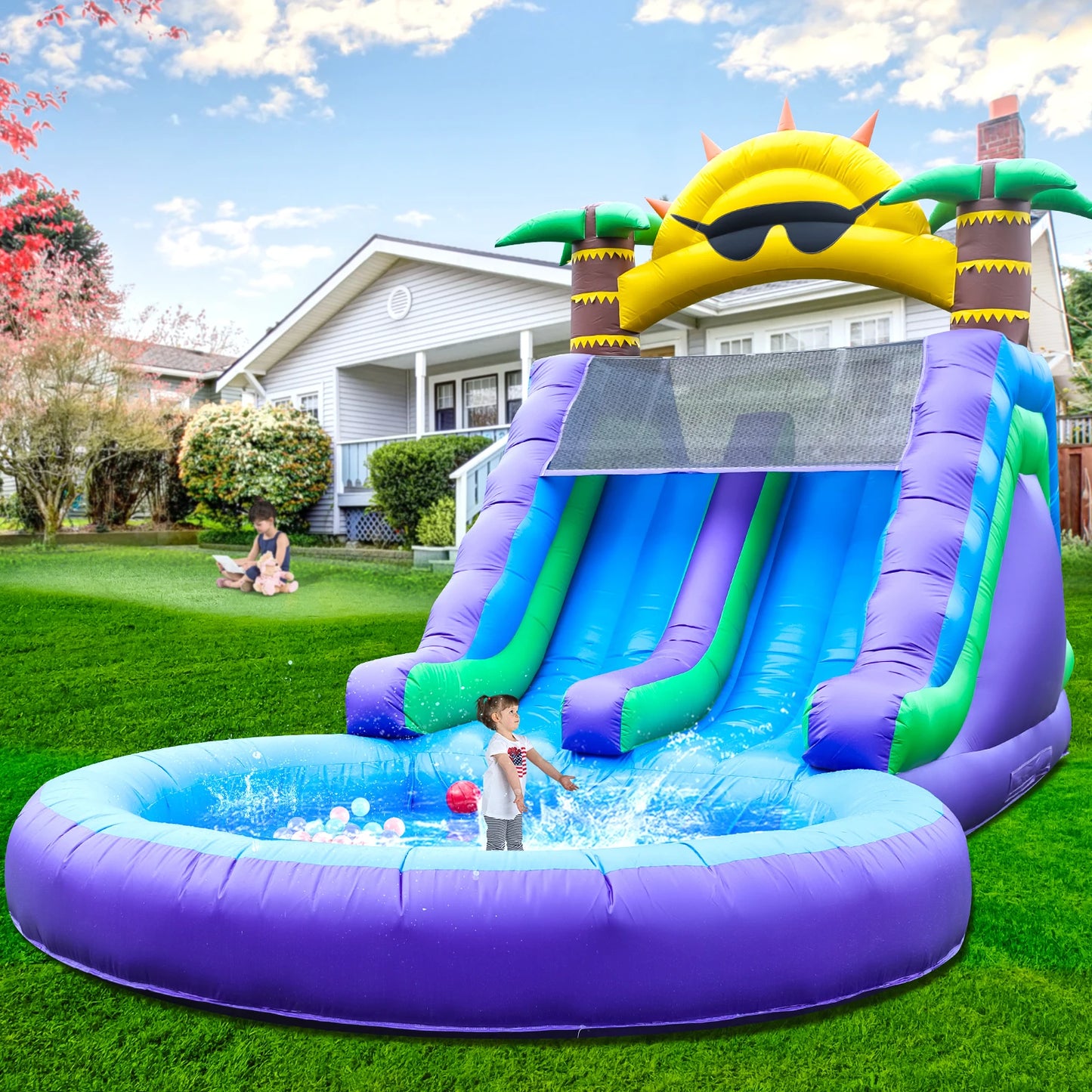 Inflatable Sun flower Outdoor Sildes Air Bounce Water amusement Play Equipment Inflatble Water Double Slide Bubble Ball Pit