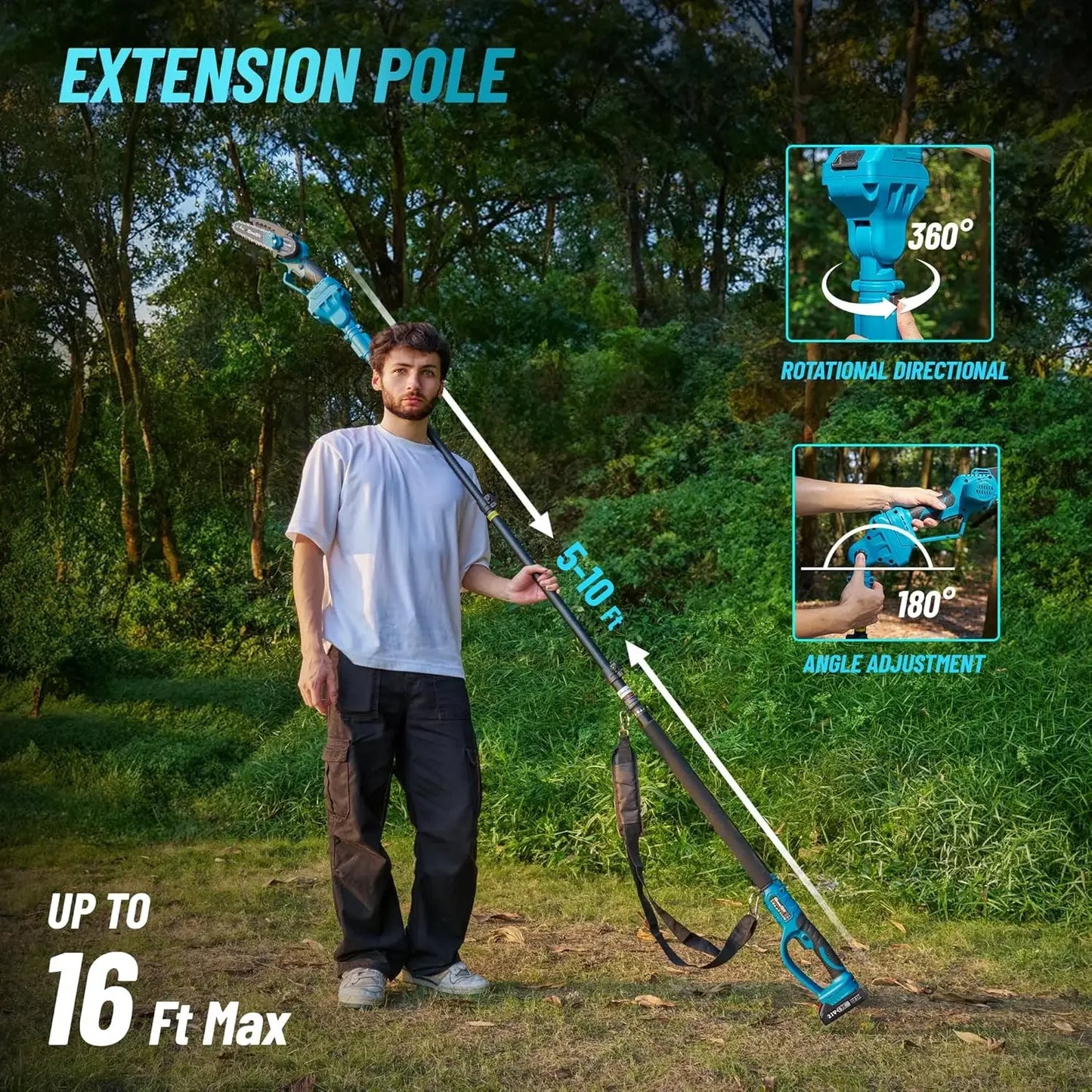 Seesii PS610 Cordless Pole Saw Mini Chainsaw 6-Inch Brushless  2-IN-1 Chain Saw 16-Foot MAX Reach Tree Saw for Wood Cutting