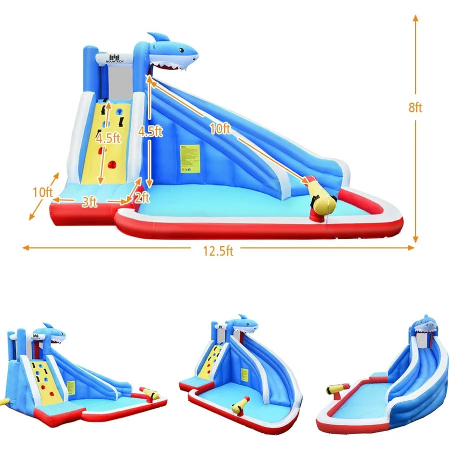 Inflatable Water Slide Shark Water Slide Park Jump Castle Bounce House w Long Slide Climbing Water Cannon Splash Pool Backyard